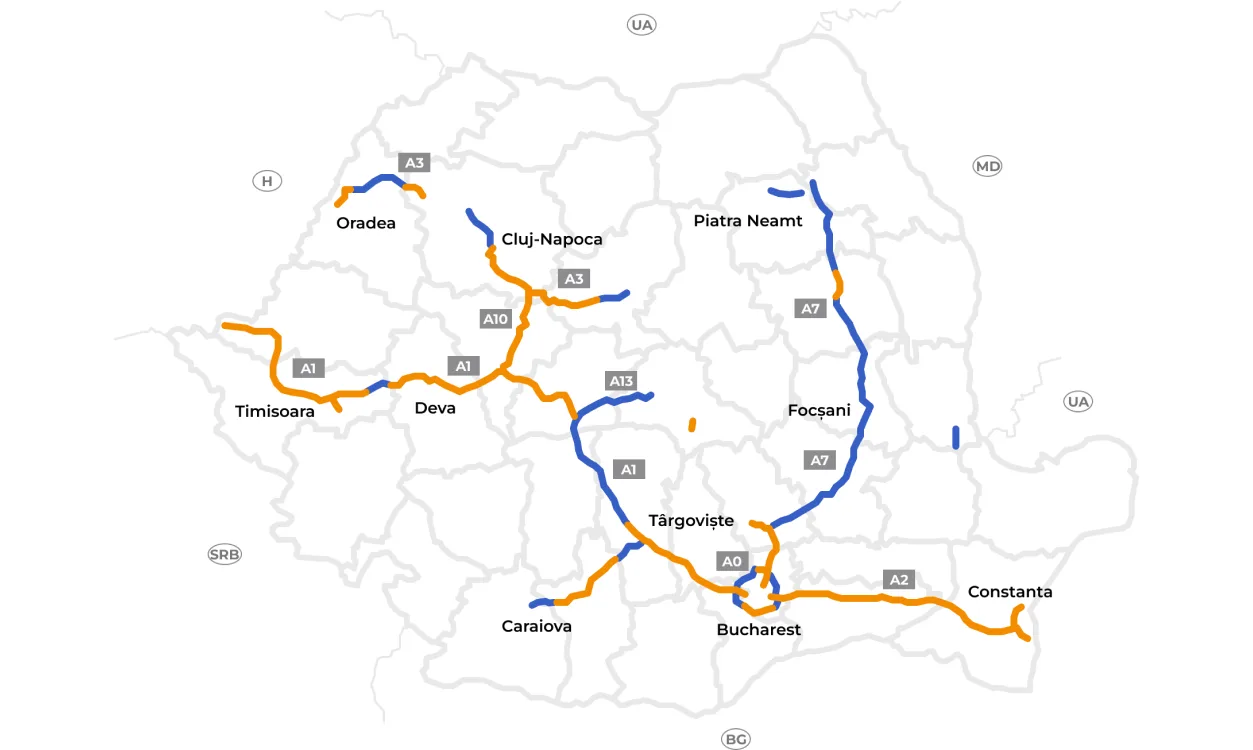 Map of Romania's national road network, where the rovinieta is required